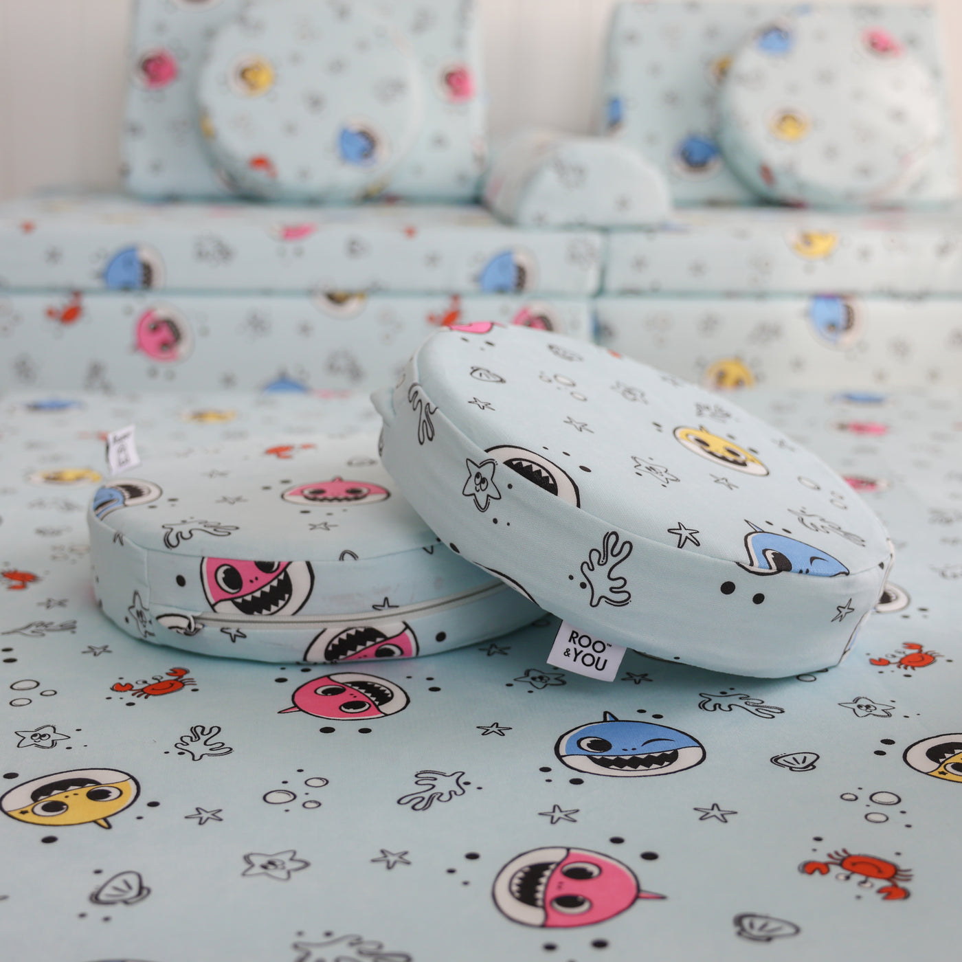 Close-up of Baby Shark™ x Roo & You™ Stepping Stones showing character details and foam texture.