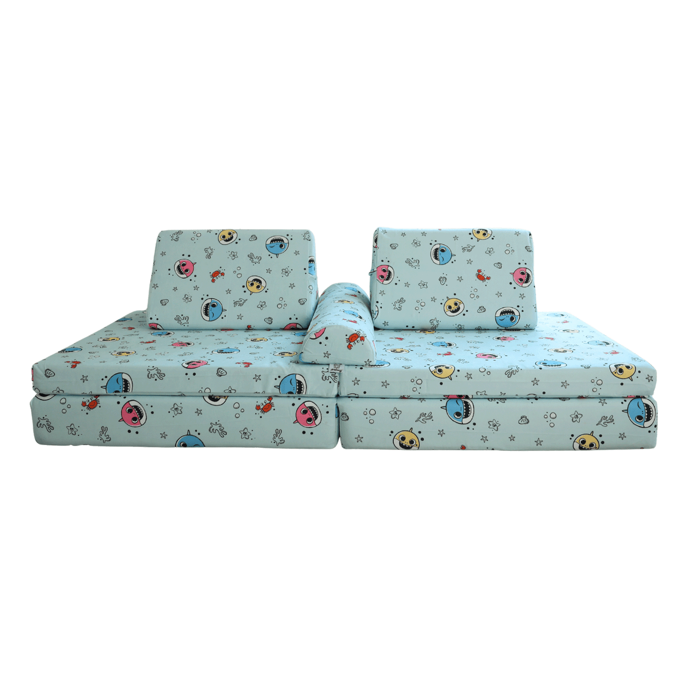 Baby Shark™ x Roo & You™ Play Couch with ocean-themed cover set.